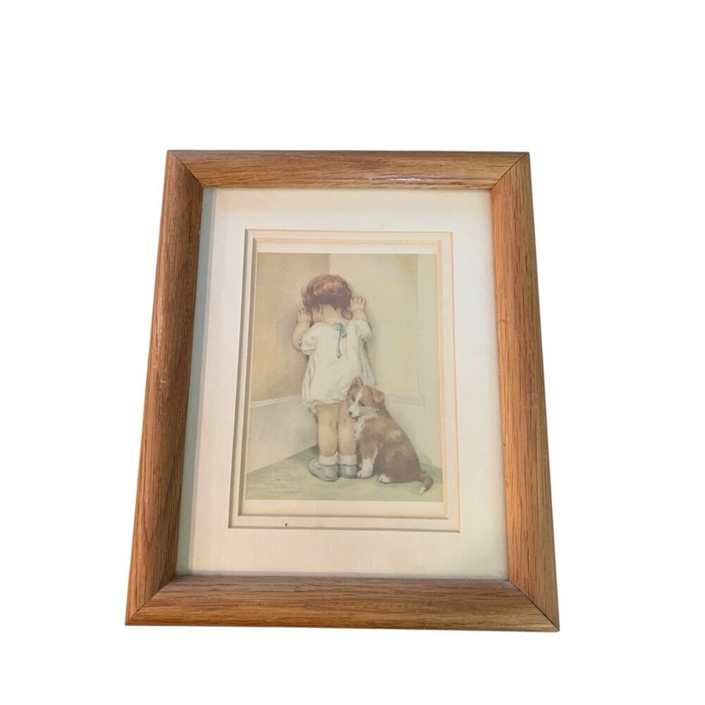 Vintage 1950s-60s Framed In Disgrace Art Print Child & Collie Dog Signed